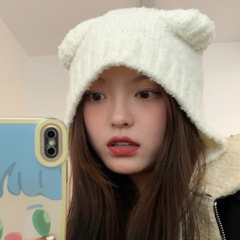 Mũ Len Dệt Kim Đính Tai Gấu Nhỏ Dễ Thương Giữ Ấm Mùa Đông Cho Nữ