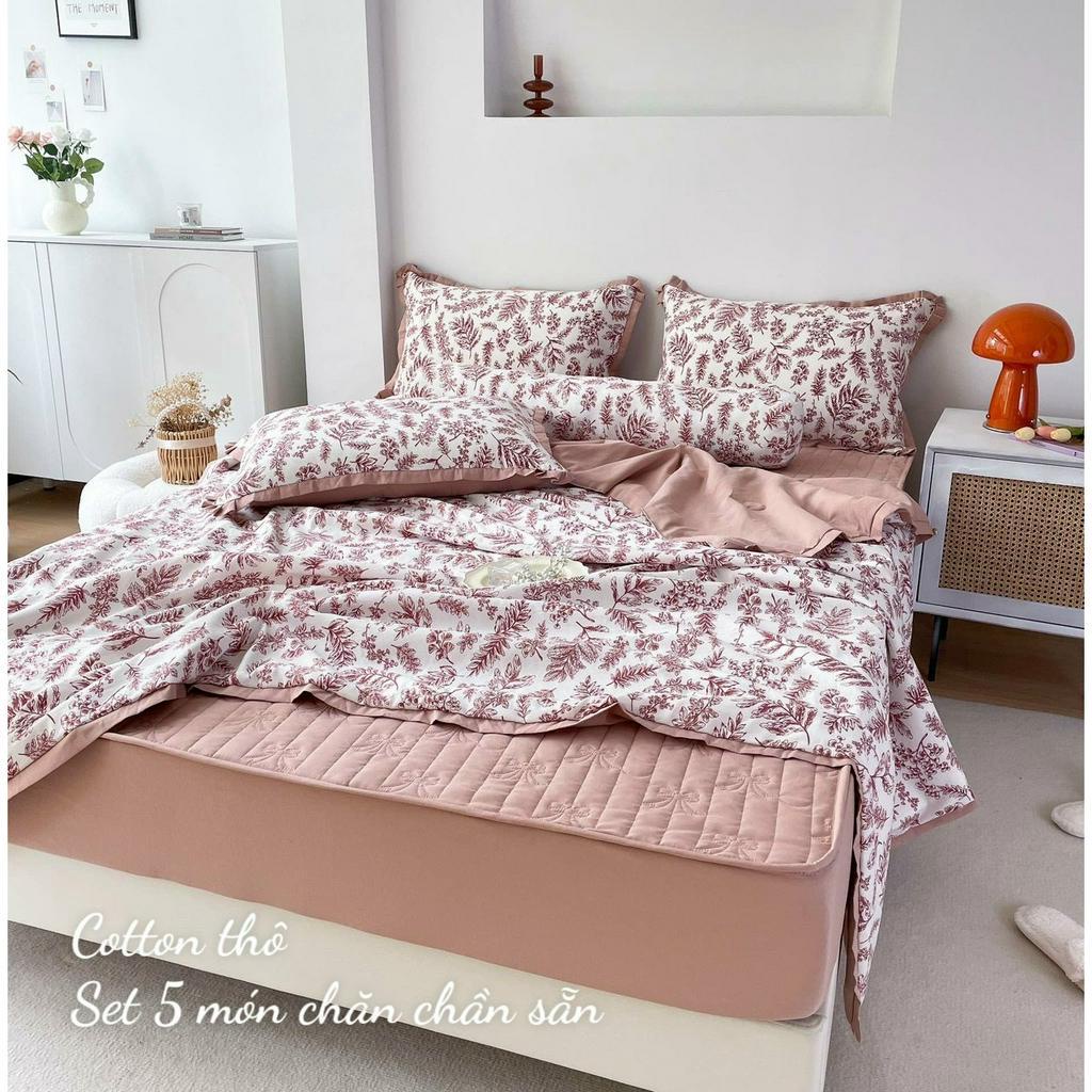 Bộ chăn ga gối cotton thô chăn trần bông dành cho 4 mùa, set 5 món đũi ga trần bông bọc đệm từ 5cm đến 30cm