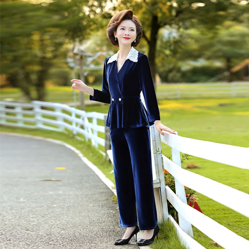 Bộ Trang Phục Hai Mảnh Bằng Vải Nhung Dáng Rộng Phong Cách Phương Tây Thời Trang Xuân Thu Dành Cho Phụ Nữ Trung Niên