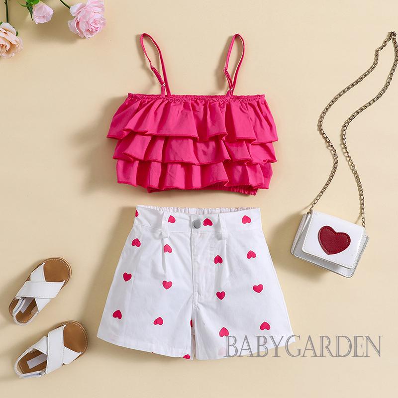 // -1-6 Tuổi bé gái barbie bộ đồ ăn mặc giản dị tiệc đường phố không tay áo khoác có tay + quần đùi in hình trái tim