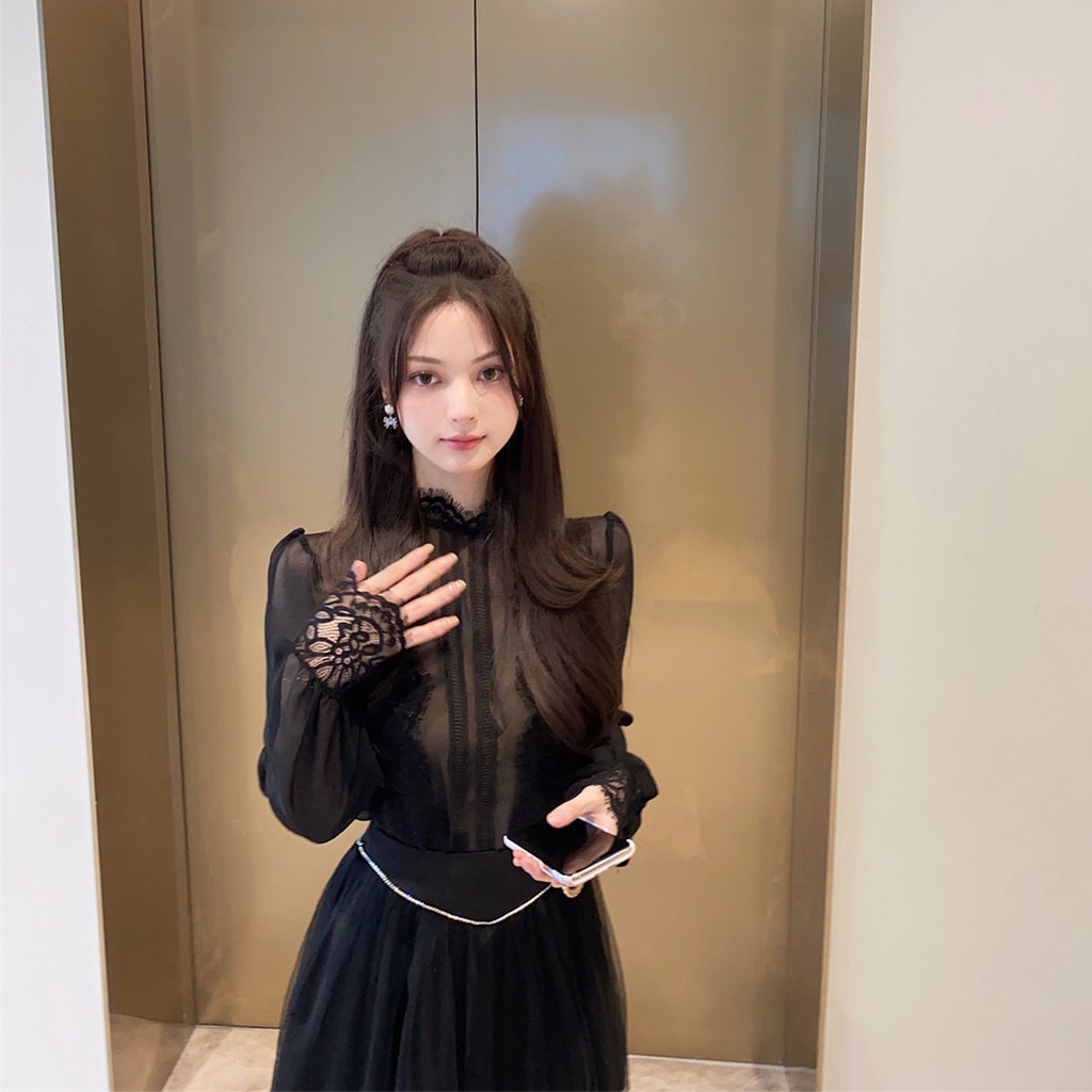 Bộ Áo Tay Phồng + Chân Váy Eo Cao Phối Ren Lưới Thời Trang Mùa Thu 2023 2q3g