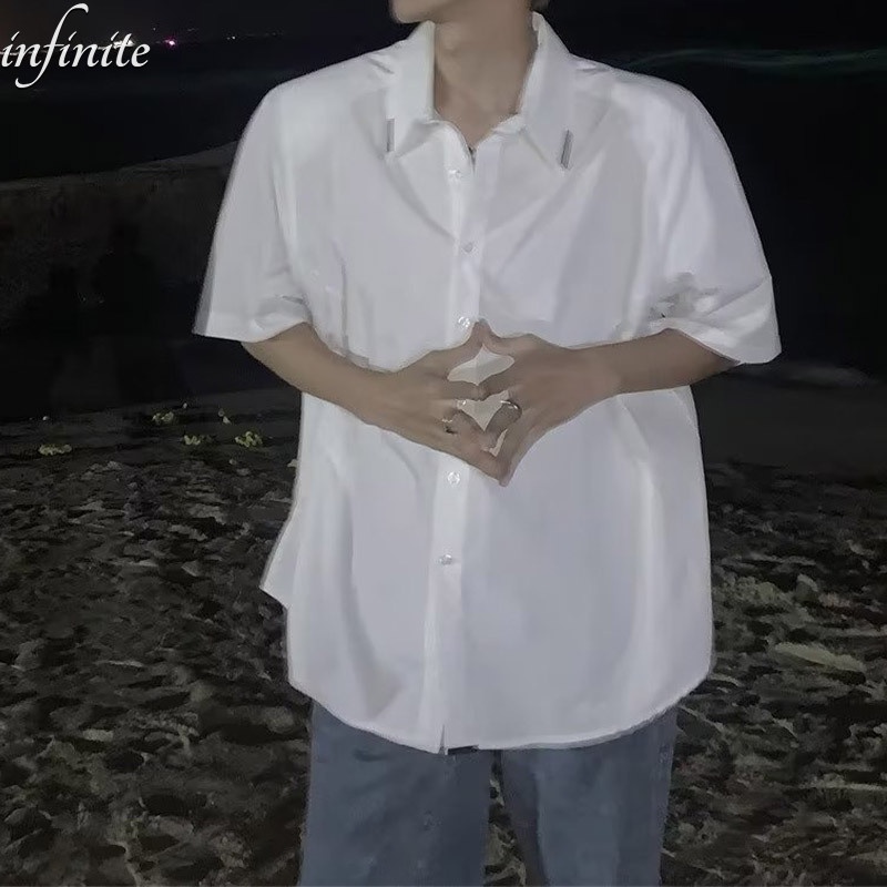 Infinite áo sơ mi nam thời trang mới đơn giản retro đa năng màu rắn tay ngắn rời áo sơ mi ve áo giản dị
