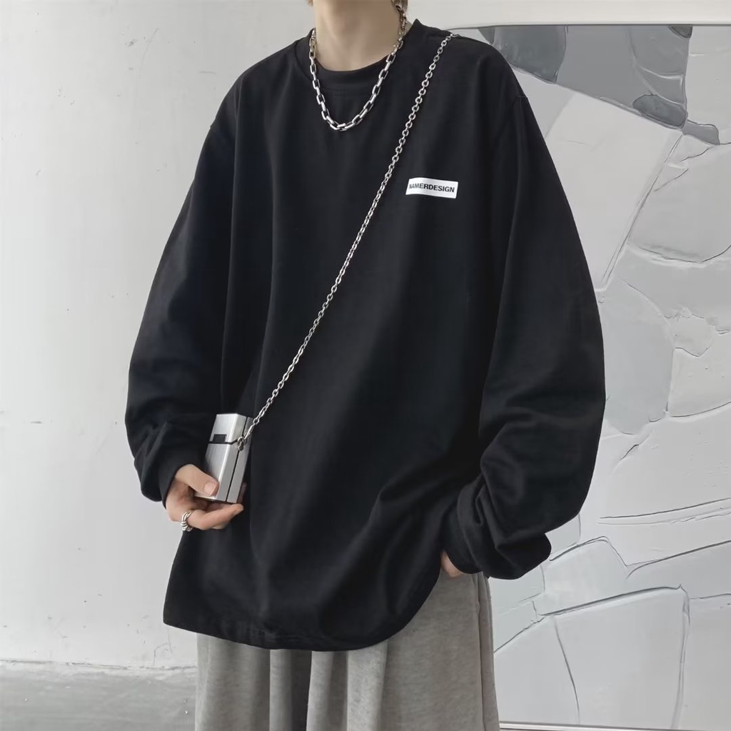 Áo thun ngoại cỡ màu đỏ rượu vang tay dài dáng rộng thường ngày size lớn M-8XL phong cách lười cho nam