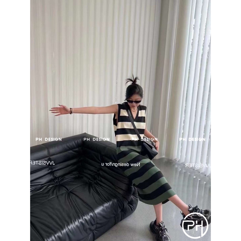 Váy len kẻ ngang pha màu hàng QC