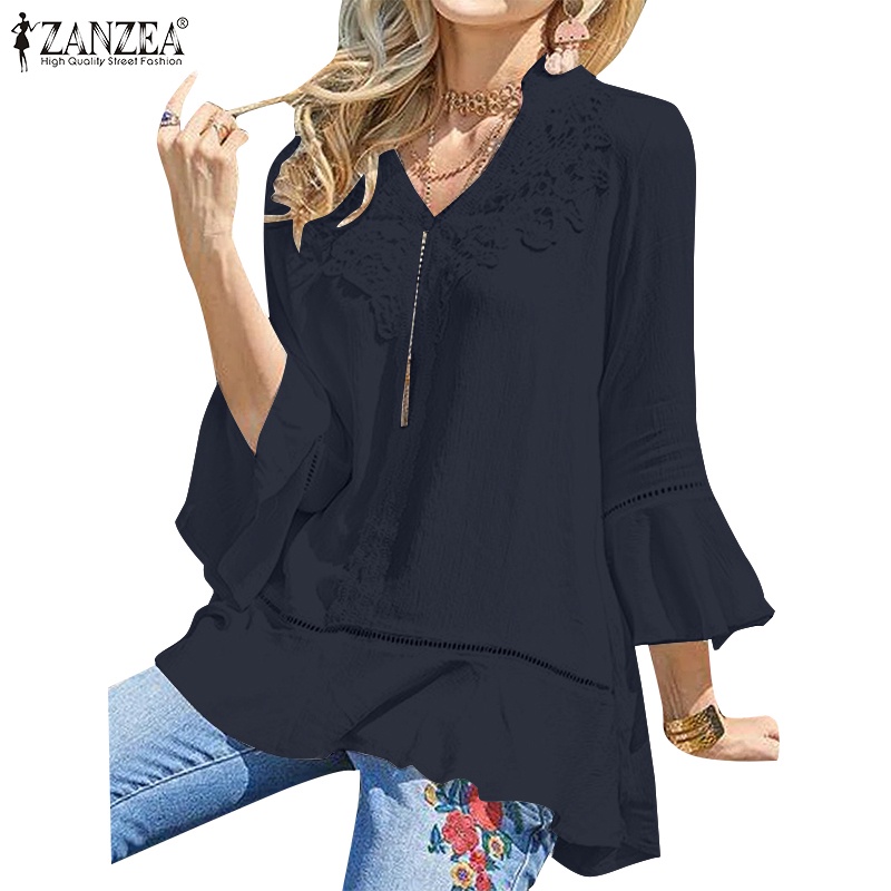 Áo ZANZEA cổ chữ V tay ống loe 3/4 phối ren chắp vá có viền xù thời trang cổ điển dành cho nữ