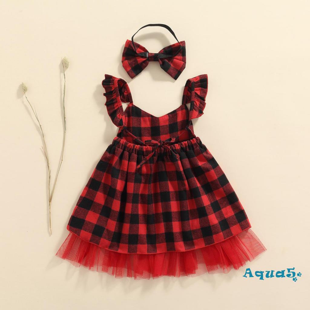 Aqua- set Đầm Không Tay In Họa Tiết Sọc Caro Đỏ Và Băng Đô Cài Tóc Cho Bé Gái