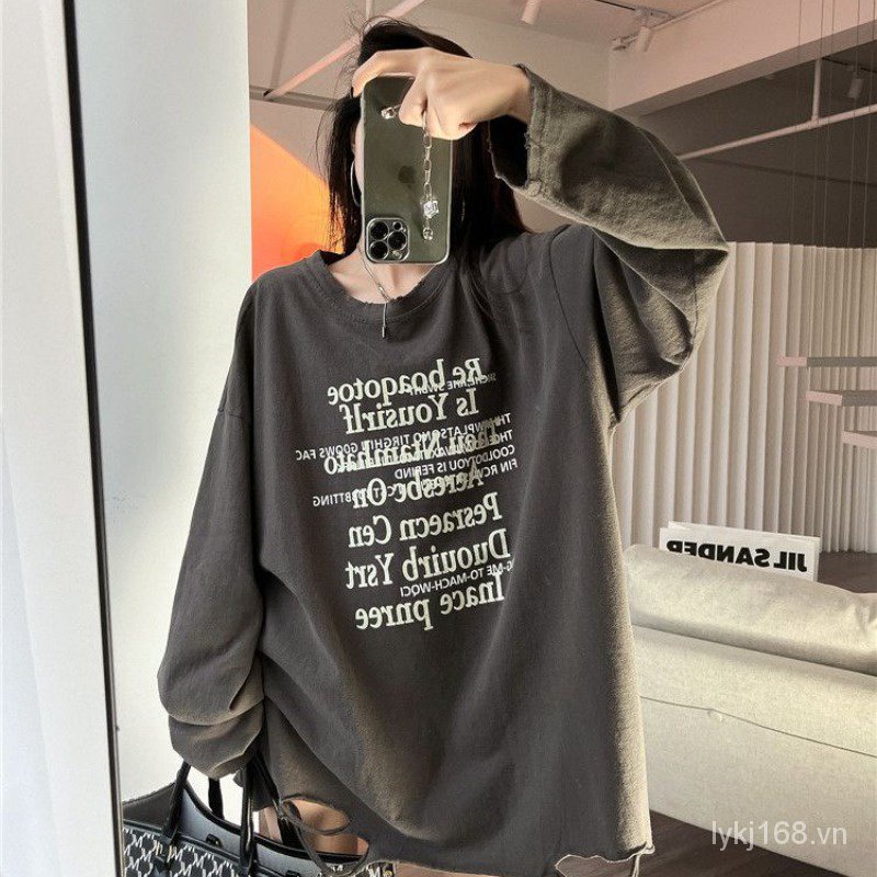 Áo sơ mi oversize  thời trang rộng thùng thình plus size t áo sơ mi dài tay mỏng đa năng chữ in oversize t-shirt big size top shirt bm1f