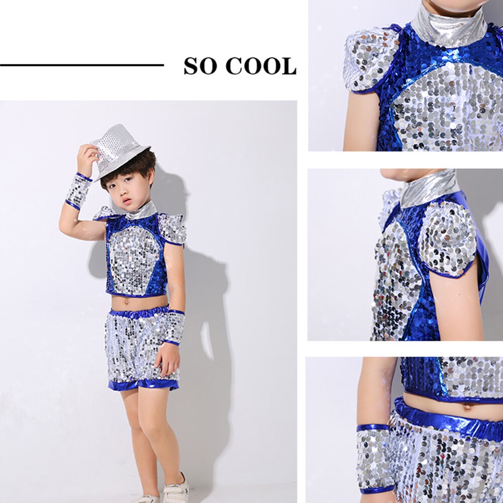 Trẻ em sequins trang phục khiêu vũ đường phố hiện đại cho bé gái bé trai màu xanh vàng mảnh hip-hop trang phục đội học sinh áo + váy / quần short bộ có dây đeo tay