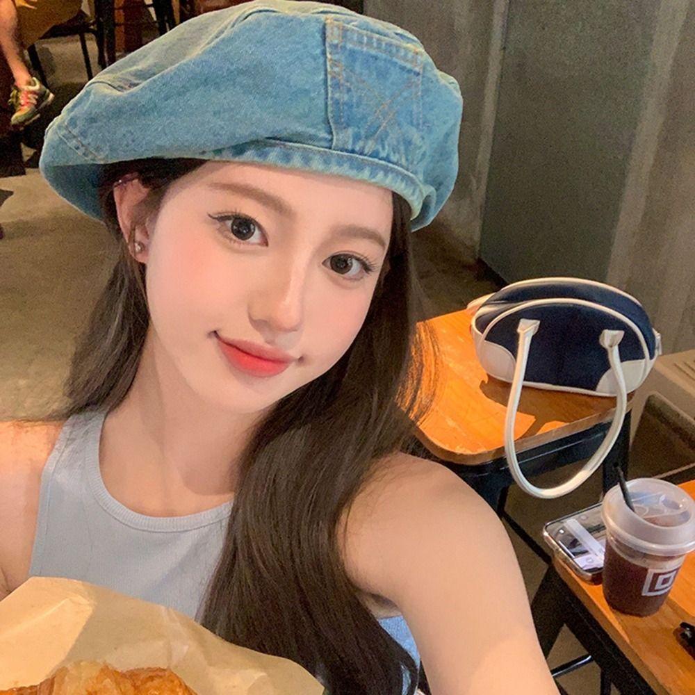 Bliss denim beret, mũ bát giác phong cách hàn quốc, thời trang newsboy mũ nghệ sĩ mũ vải cô gái