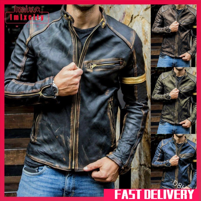 Imixcity men stand collar leather jacket zipper motorcycle lightweight faux leather outwear with multi-pockets
