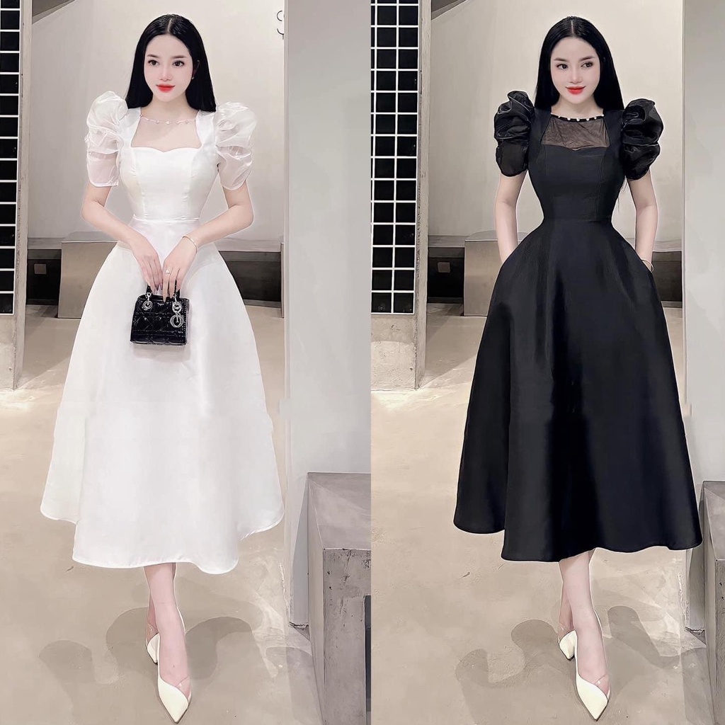 Đầm đi tiệc tay bồng dáng xòe dài chất tafta phối tay tơ oganza mix lưới đính đá đệm vòng 1 freesize A392 KimHoa77