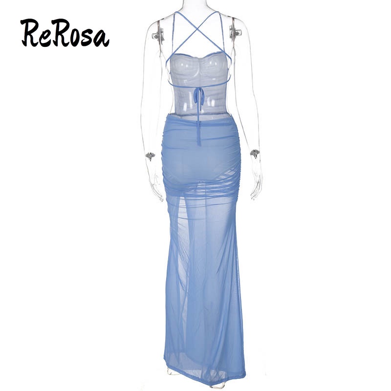 Rerosa women midi dress solid color hollow out translucent backless 2023 casual new style slim fit không tay