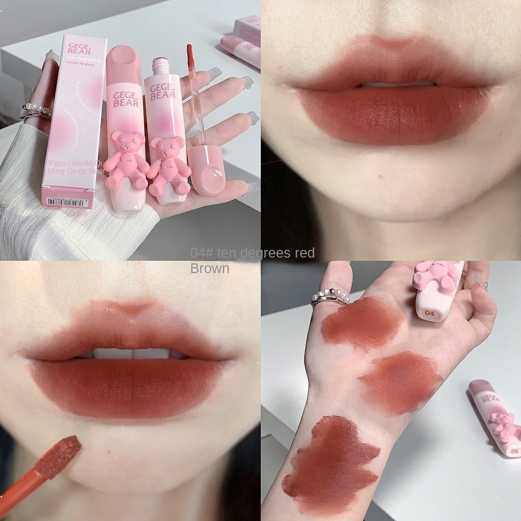 Gege bear lip gloss cute pink bear matte moisturize water proof lasting không dễ phai màu son môi đầy màu sắc nổi bật