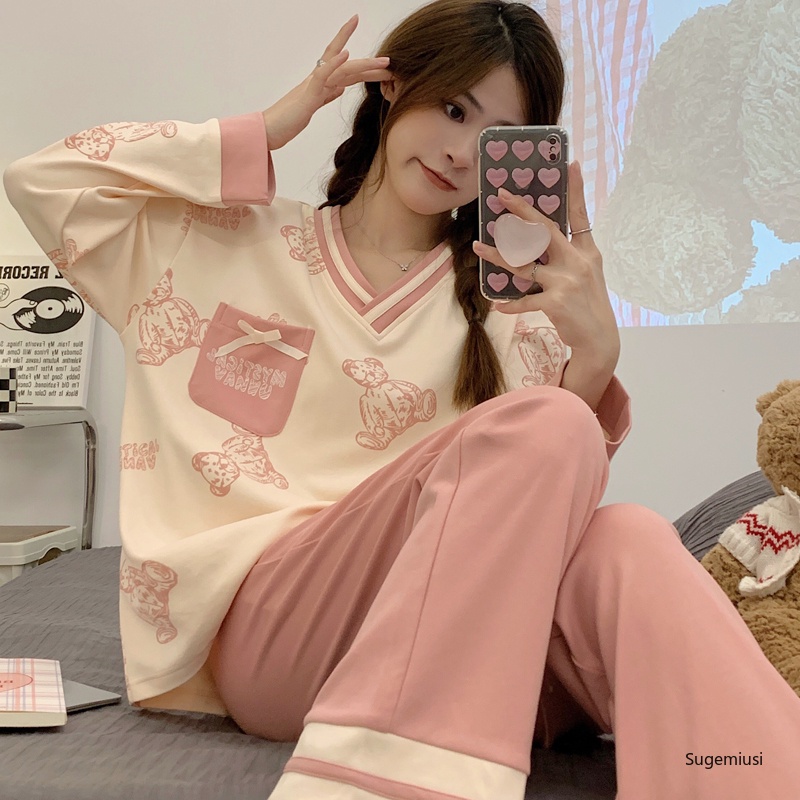 Bộ đồ ngủ cotton SUGEMIUSI gồm áo dài tay cổ chữ V và quần dài phong cách Hàn Quốc thời trang mùa đông dành cho nữ