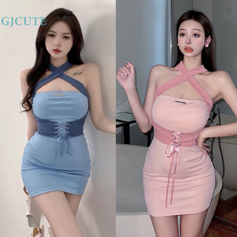 Gjcute hot girl phong cách sexy hở lưng ren lên eo bó sát cổ mỏng váy hip wrap mini dress màu hồng hot sexy sweet dresses wtd