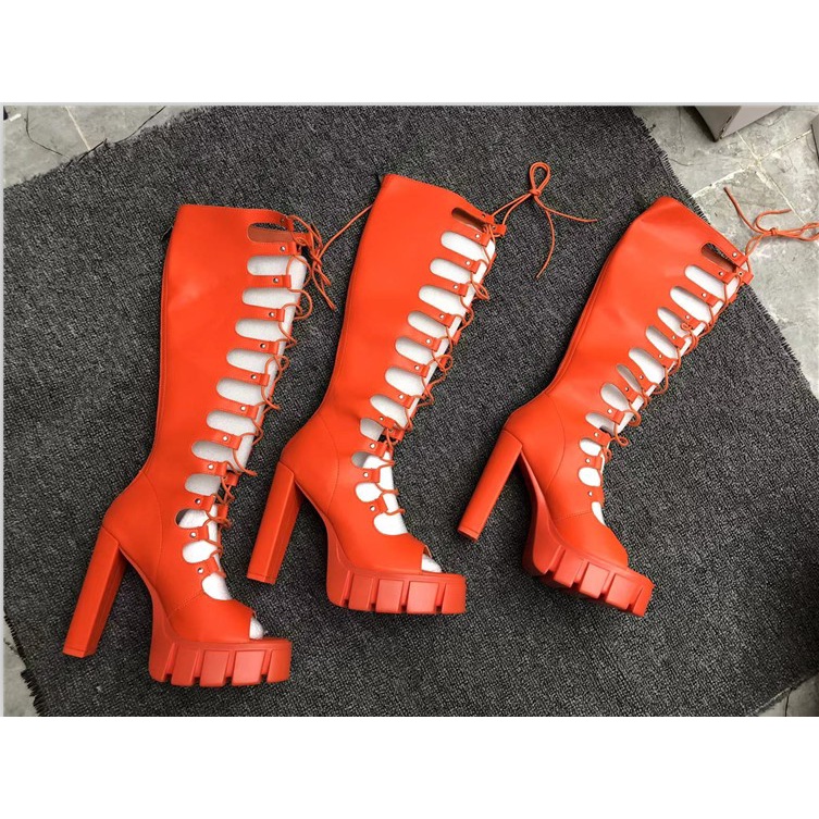 Âu mỹ phongách mới mô hình thời trang sàn catwalk nền tảng chống thấm nướhộp đêm sexy siêu caoót dàyót dày 14cm cross laced-up sandals boots