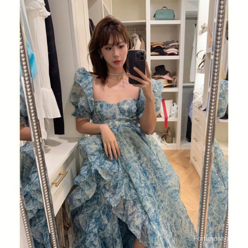 Sớm Mùa Xuân Phong Cách Mới Áo Tay Phồng In Họa Tiết Sứ Trắng Xanh Siêu Thơ Cao Cấp Dáng Hẹp Eo Pettiski