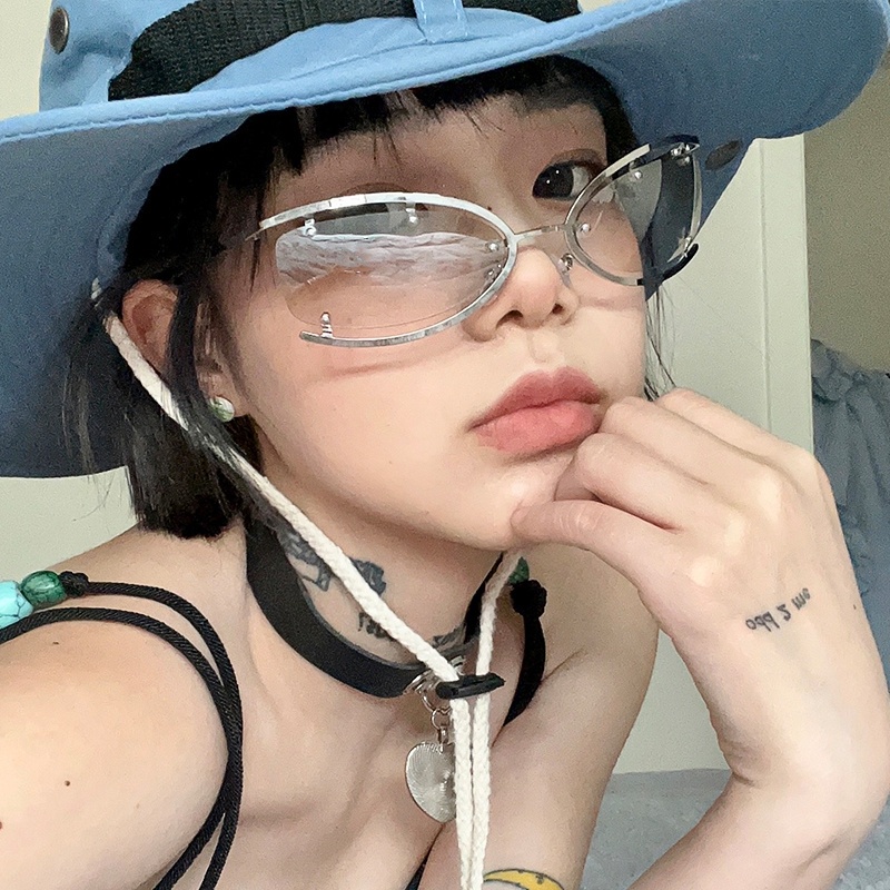 Kính Mát Mắt Mèo Nửa Gọng Kim Loại Trong Suốt Phong Cách Punk Hip Hop Thời Trang Cho Nam Và Nữ Y2K