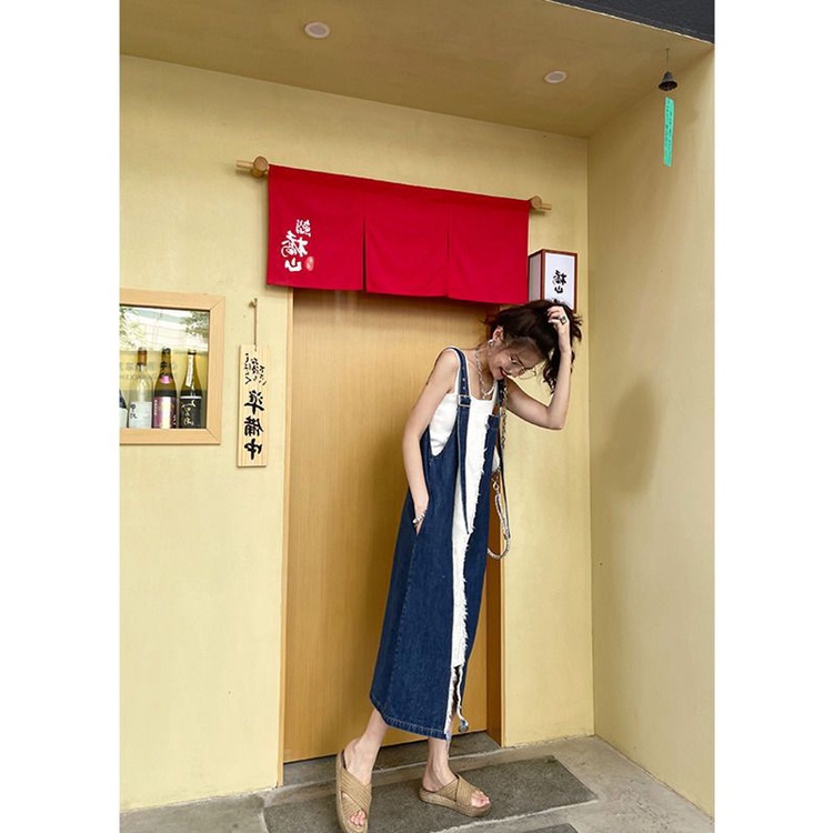 Đầm Yếm Denim Dáng Dài Không Tay Màu Sắc Tương Phản Phong Cách Hàn Quốc Thời Trang Mùa Thu 2021 Cho Nữ