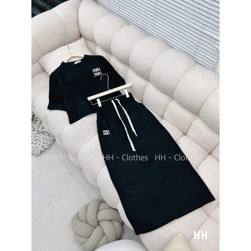 SET BỘ ĐI CHƠI, SET 2 MÓN ÁO THUN CROPTOP CỔ TRÒN TAY NGẮN PHỐI CHÂN VÁY DÀI HÀNG QUẢNG CHÂU CAO CẤP