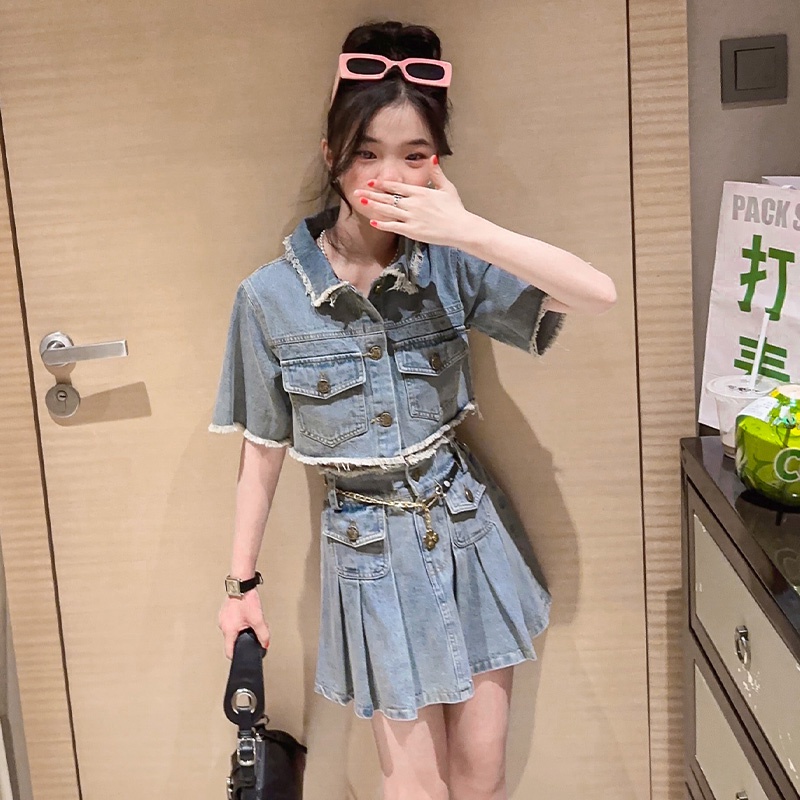 Set Áo Sơ Mi Ngắn Tay + Chân Váy Denim Thời Trang Mùa Hè Cho Bé Gái