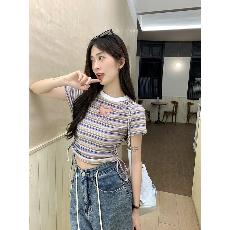 Áo Thun Ngắn Tay Khoét Lỗ Họa Tiết Sọc Hình Bướm Thời Trang Dành Cho Nữ