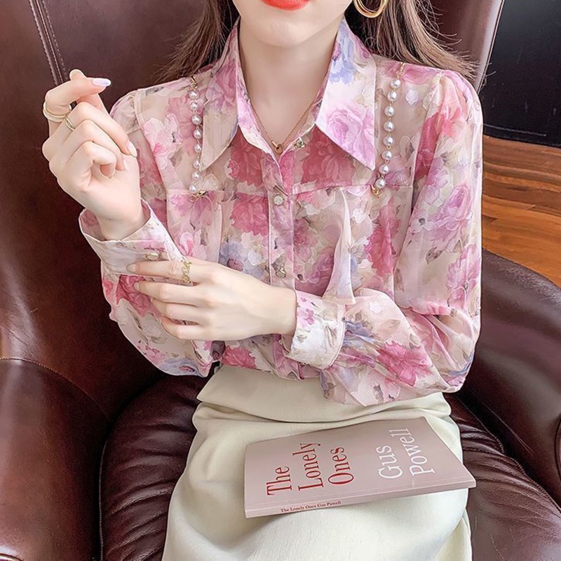 IELGY Áo Kiểu Nhún Bèo Phối Dây Xích Ngọc Trai Phong Cách Pháp Thời Trang Sang Trọng Cho Nữ