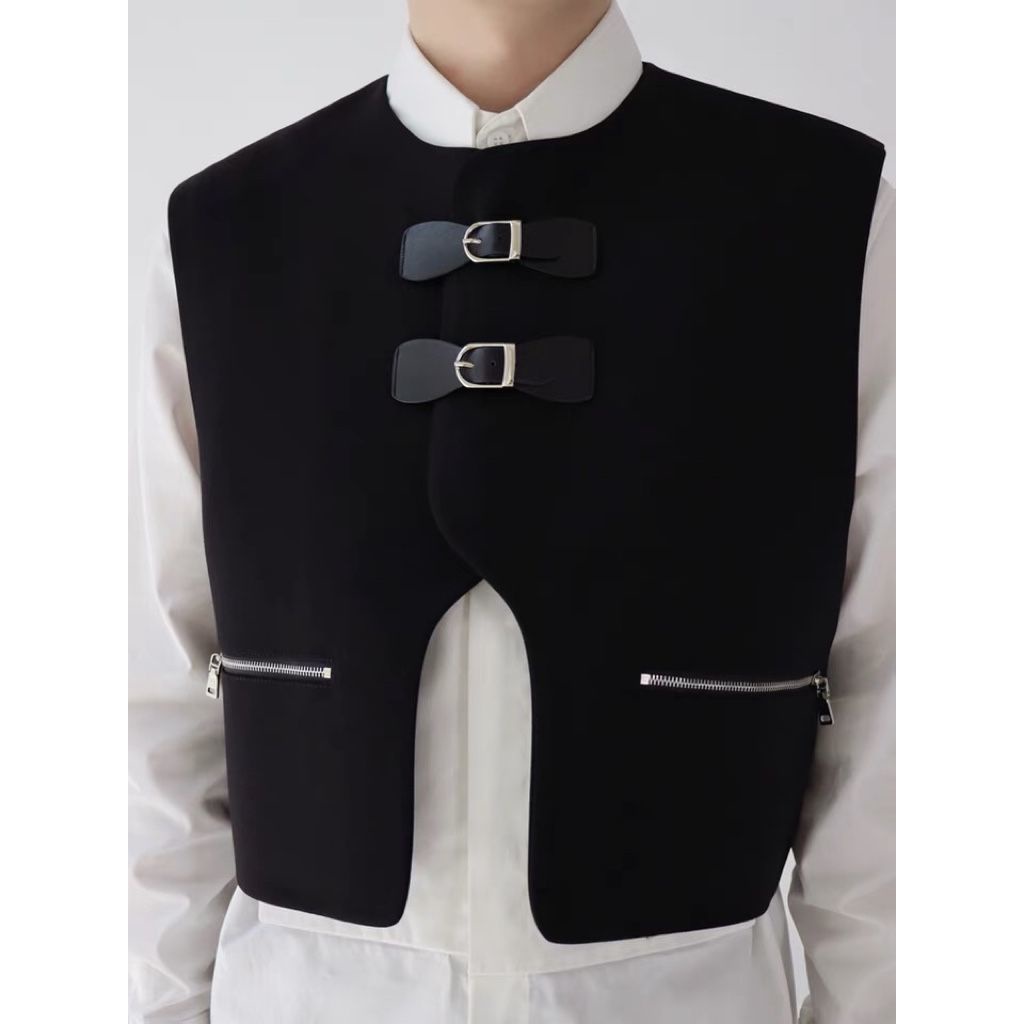 Áo Vest Nam Ngắn Bằng Vải Da Không Tay Có Khóa Kéo Phong Cách Retro