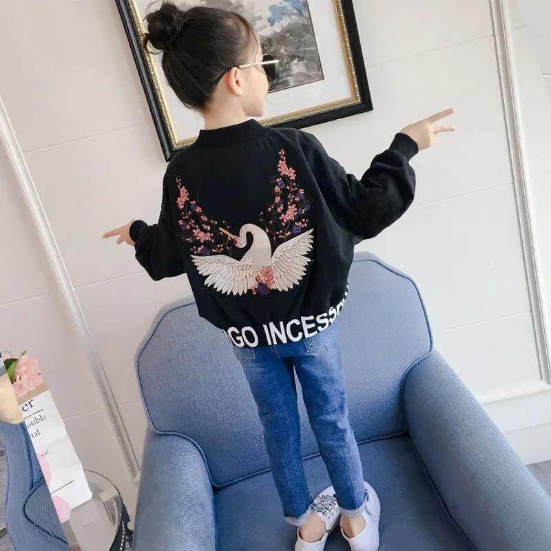 Áo Khoác 110-160cm Khóa Kéo Thêu Họa Tiết Thiên Nga Cho Bé Gái 2-14 Tuổi