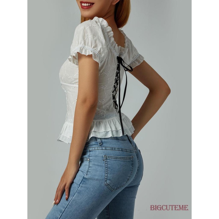 [] Áo Thun Ngắn Tay Cổ Chữ U Thắt Nơ Sau Lưng Phong Cách Ngọt Ngào Cho Nữ