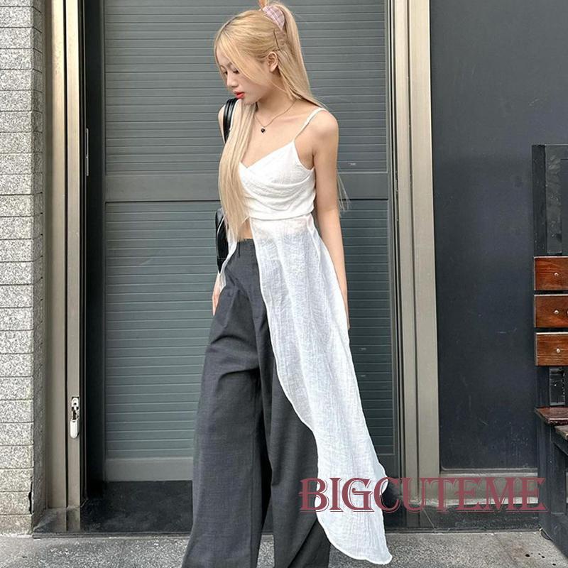 [] - Áo Hai Dây Cổ Chữ V Xẻ Tà Phối Màu Trắng Thời Trang Đi Tiệc Mùa Hè Cho Nữ