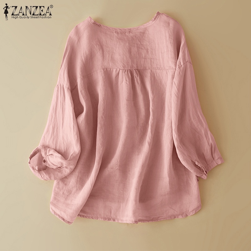Áo sơ mi ZANZEA tay dài phồng màu trơn thời trang Hàn Quốc dành cho nữ