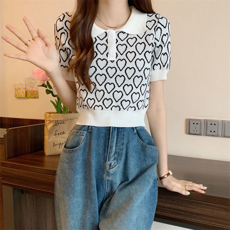 Áo polo Dệt Kim Tay Ngắn In Hình Trái Tim Dễ Thương Cho Nữ