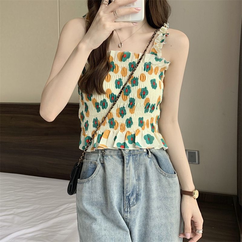 IELGY    Áo Hai Dây Dáng Ôm In Hoa Phong Cách Hàn Quốc Dễ Phối Đồ Thời Trang Cho Bạn Gái