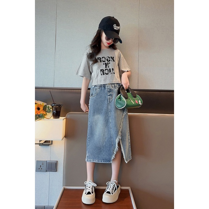 Set Áo Thun Ngắn Tay Và Chân Váy Denim Thời Trang Mùa Hè Cho Bé Gái