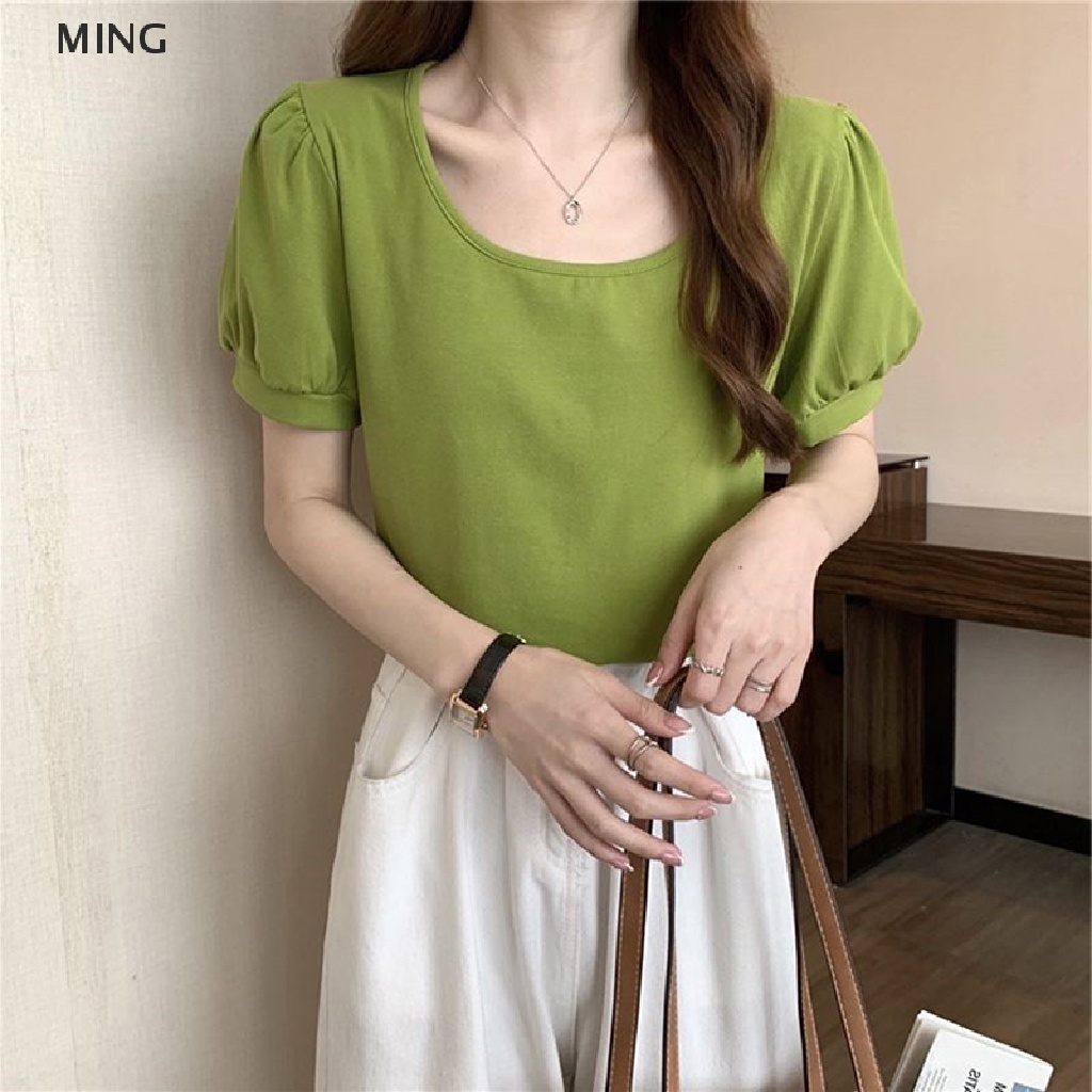 Áo Thun Tay Ngắn Phồng Cổ Tròn Màu Trơn Kiểu Pháp Thời Trang Mùa Hè Cho Nữ