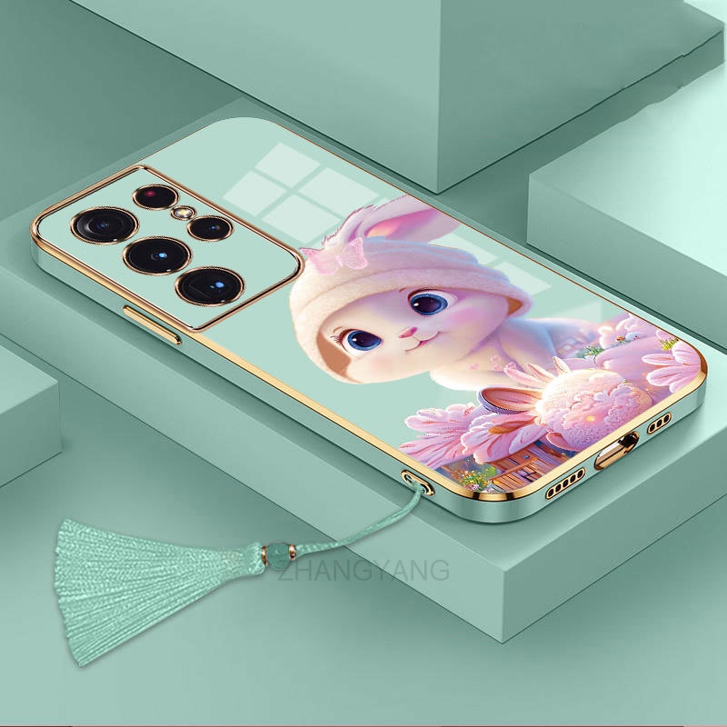 ốp lưng Samsung s23 Ultra s23 plus s23 Ốp Điện Thoại Tpu Dẻo Mạ Màu Gradient In Hình Thỏ Kèm Dây Đeo Cho Samsung s23 Ultra s23 plus s23