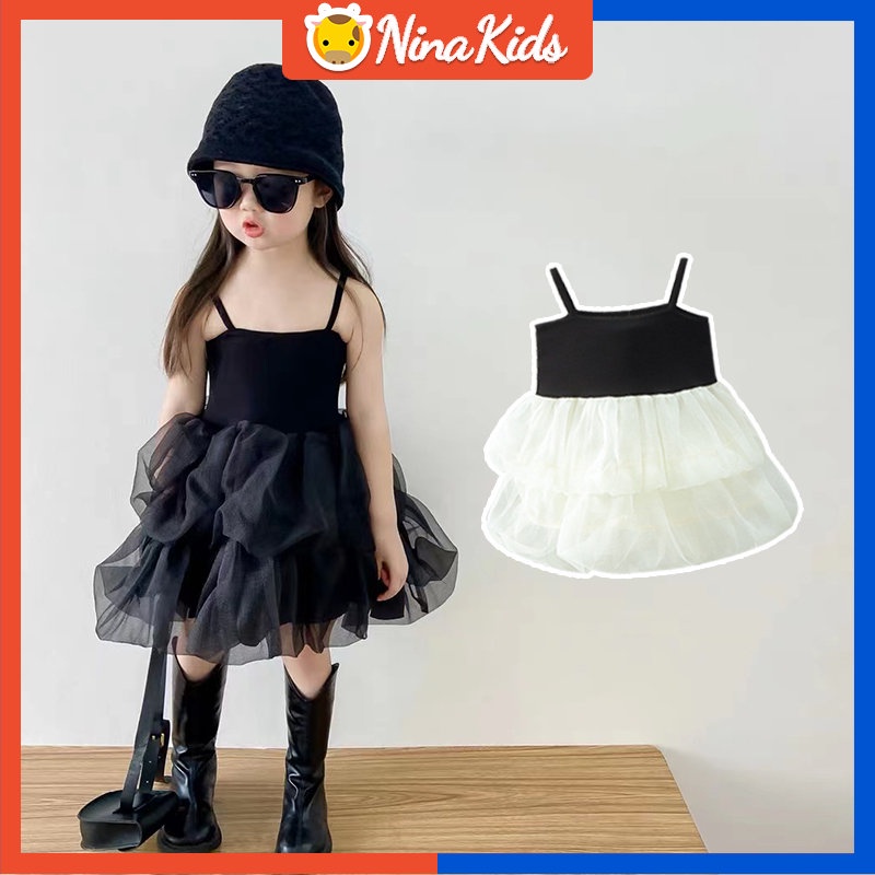 Đầm Công Chúa Hai Dây Màu Trắng Đen Thời Trang Mùa Hè Cho Bé Gái 0-4 Tuổi