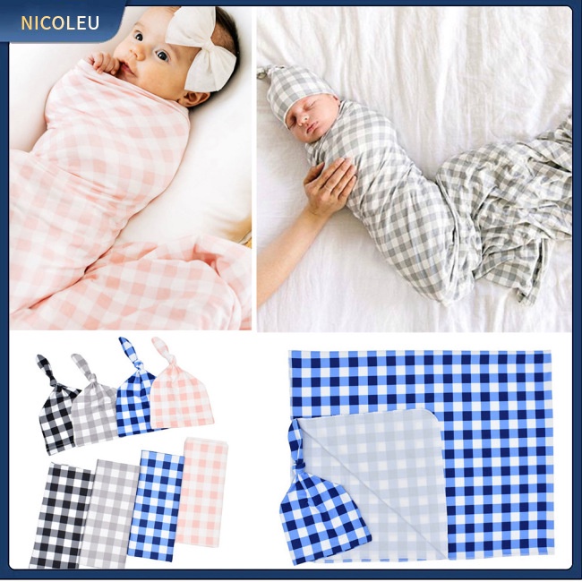 Đồ Chơi Nhân Vật Nicoleu | Set 2 Món Gồm Chăn Quấn In Họa Tiết Kẻ Sọc + Mũ Beanie Mềm Co Giãn Cho Bé Sơ Sinh