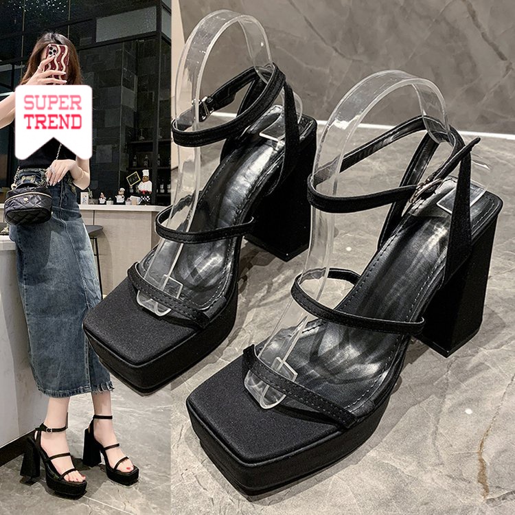 Sandal Cao Gót 8cm Hở Ngón Mũi Vuông Bằng Cao Su PU Phong Cách Hàn Quốc Thời Trang Mùa Hè Hàng Mới 2023