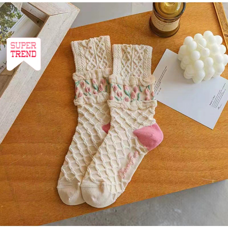 Vớ Cổ Trung In Họa Tiết Hoa Tulip Phong Cách Cổ Điển Thời Trang Cho Nữ