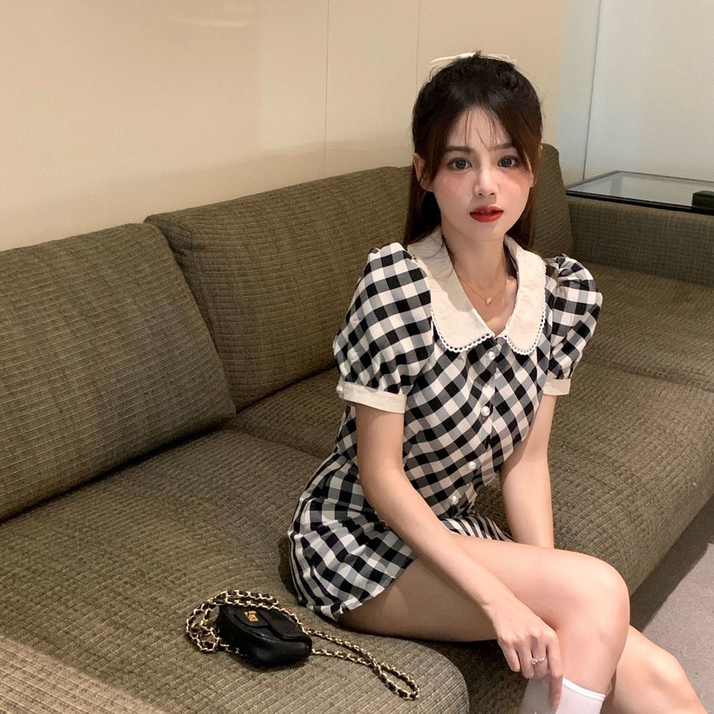 Bộ Áo Ngắn Tay Cổ Peter Pan + Chân Váy Lưng Cao Thời Trang Retro Hong Kong 2023