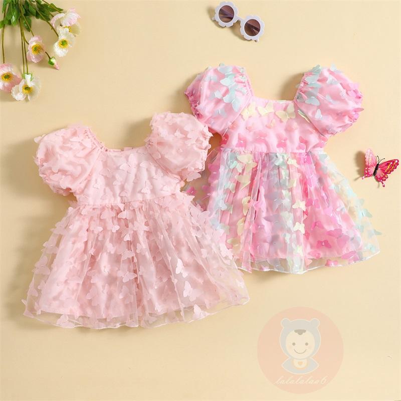 Đầm Xòe Chữ A Tay Phồng Ngắn In Hình Bướm 3D Cho Bé Gái LAA6