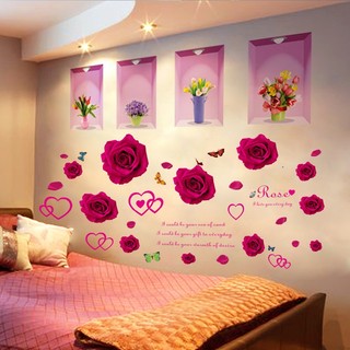 Decal dán tường hoa hồng đỏ rose và tranh 4 bình hoa