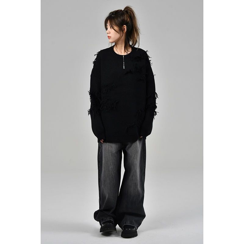 Quần Jean Dài Dáng Rộng Thẳng Màu Đen Thiết Kế Vết Nứt Retro Mỹ Thời Trang Cho Nam