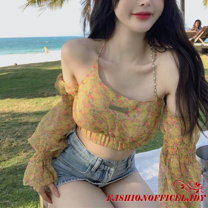 Áo Croptop Trễ Vai Tay Dài Cổ Thuyền Hở Lưng Cột Dây Họa Tiết Hoa Thời Trang Mùa Xuân Quyến Rũ Cho Nữ