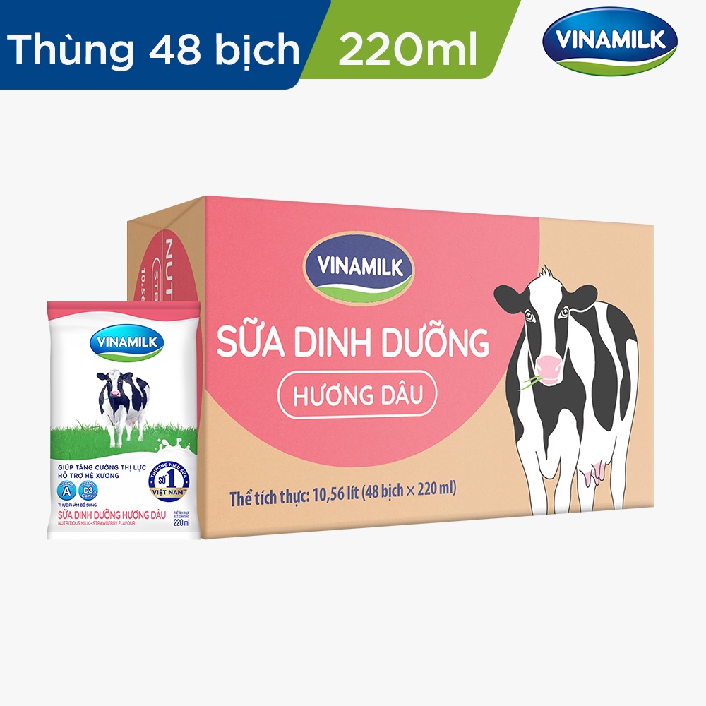 Thùng 48 Bịch Sữa dinh dưỡng Vinamilk hương dâu 220ml