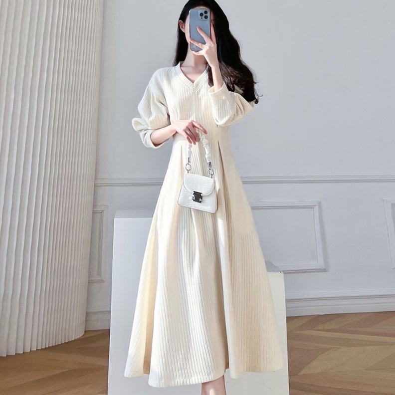 Đầm Dệt Kim Mỏng Cổ Chữ V Phong Cách Hepburn Pháp Cổ Điển Kiểu Mới Cho Nữ