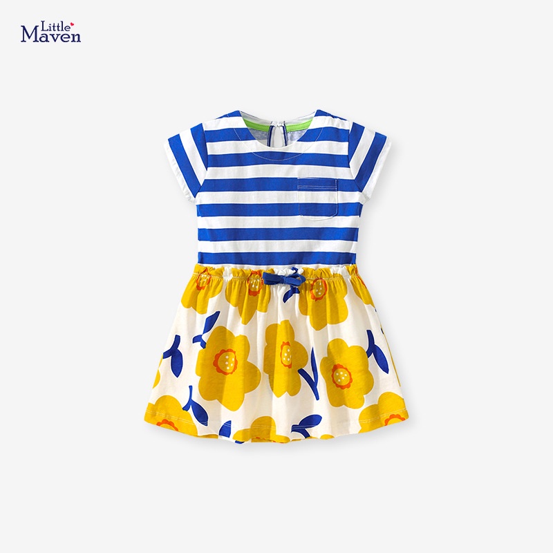 Đầm Công Chúa Mùa Hè Tay Cộc Cổ Tròn Bằng Vải Cotton Kẻ Sọc Ngang Cho Bé Gái