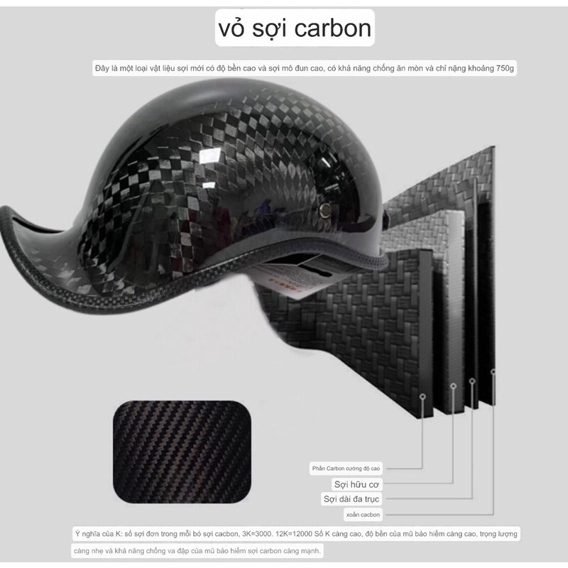 Mũ bảo hiểm nửa đầu 100% sợi carbon